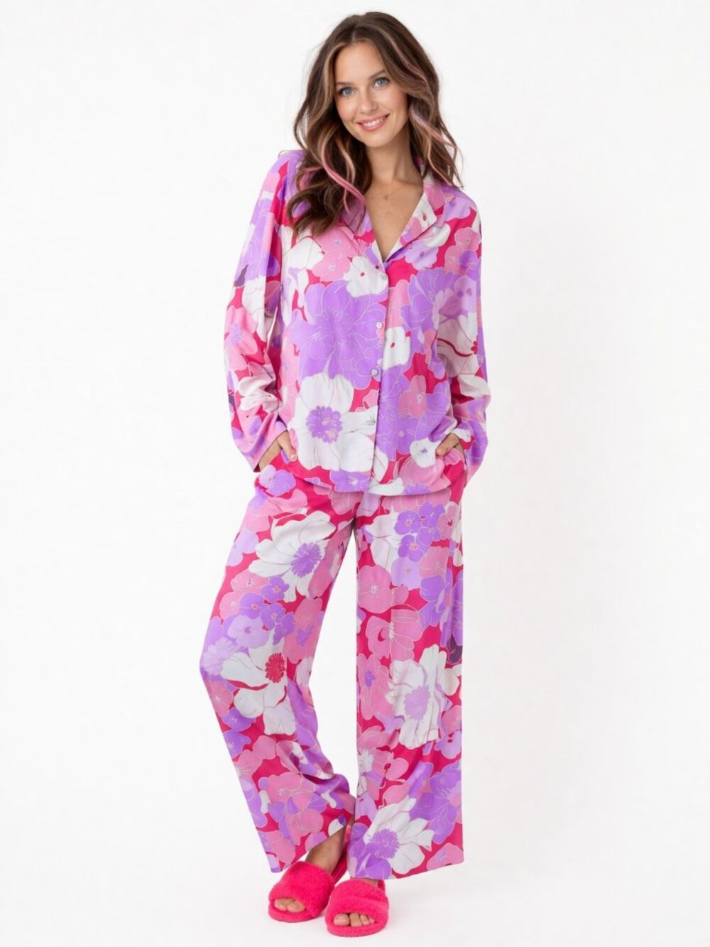 Natori Floral Pajama Set 2X Pink Purple Lounge Sleepwear Button Front Set 2pc